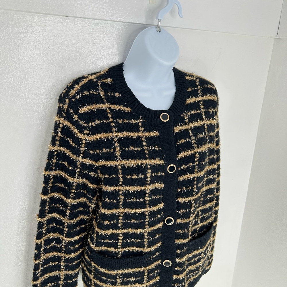 Talbots Bouclé Plaid Cardigan Sweater Petite‎ Small Black Gold Metallic Preppy - Picture 4 of 11